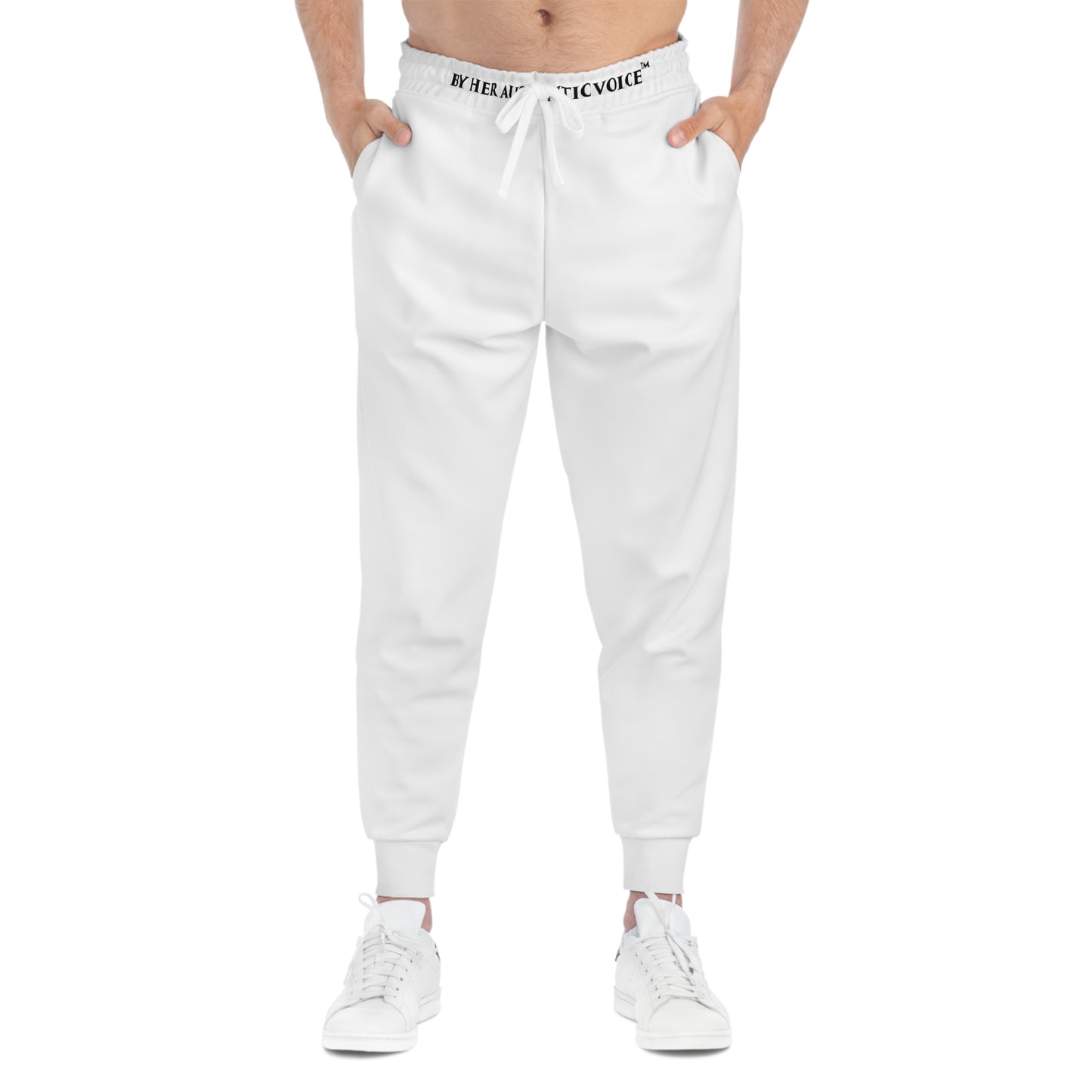 By Her Authentic Voice™ White Athletic Joggers — Minimal AOP Sweatpants with Waist Text