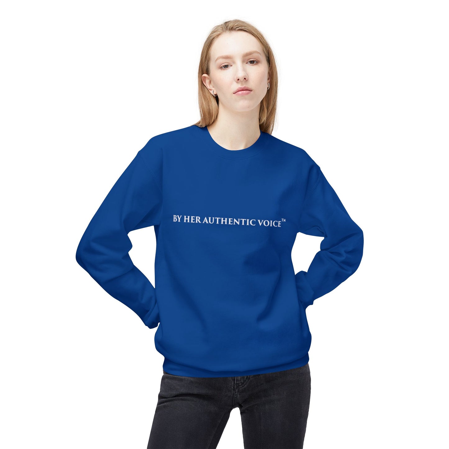 Signature Crewneck Sweatshirt — "By Her Authentic Voice" Minimal Logo