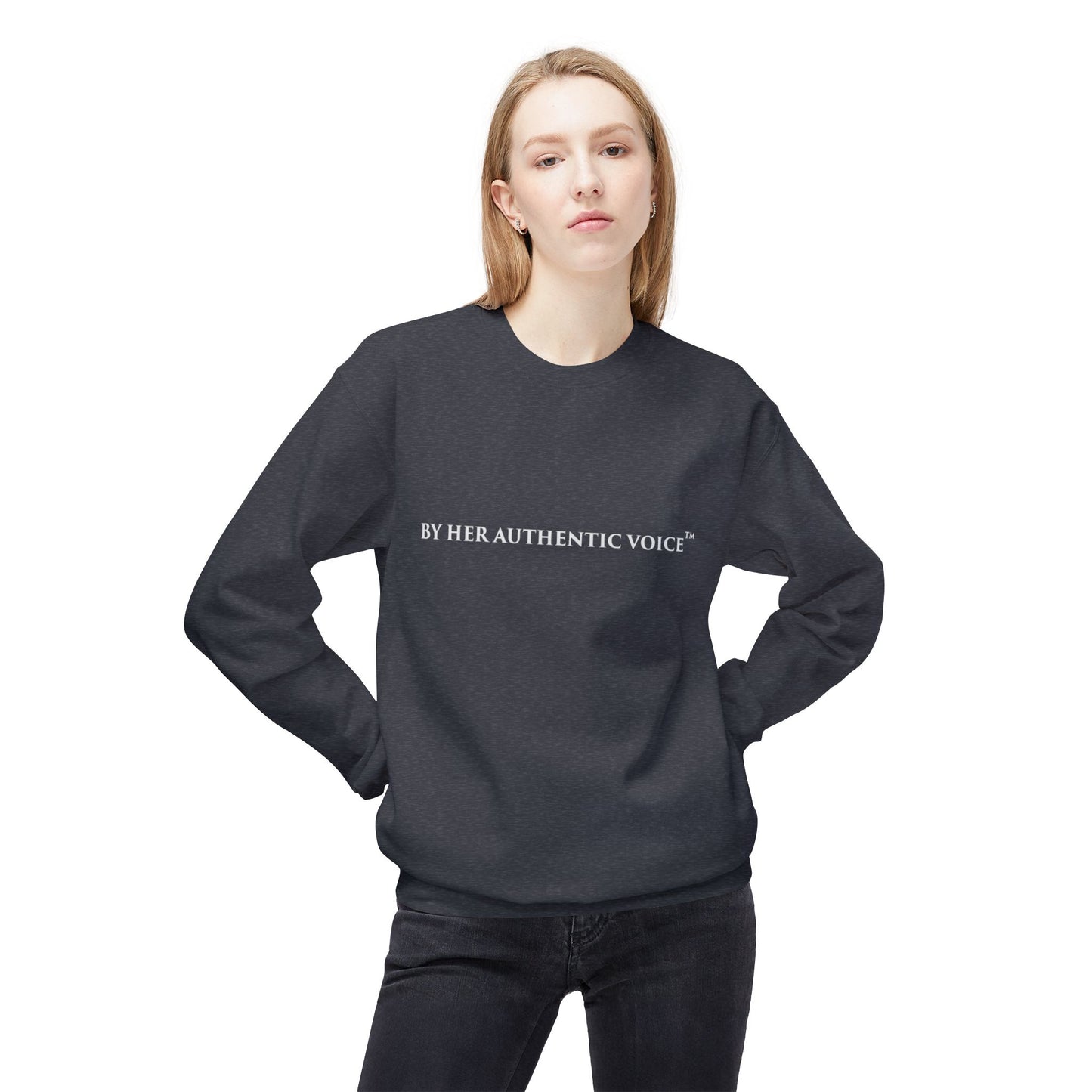 Signature Crewneck Sweatshirt — "By Her Authentic Voice" Minimal Logo
