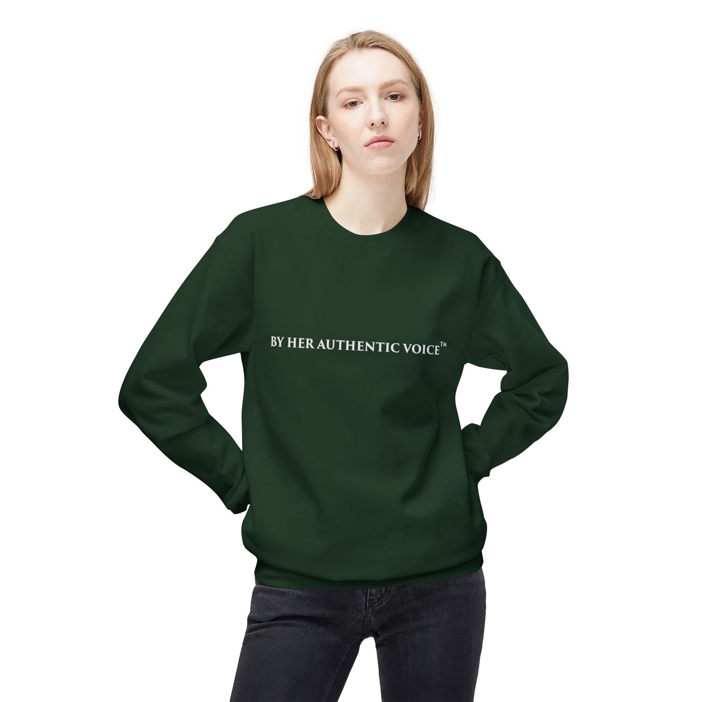 Signature Crewneck Sweatshirt — "By Her Authentic Voice" Minimal Logo