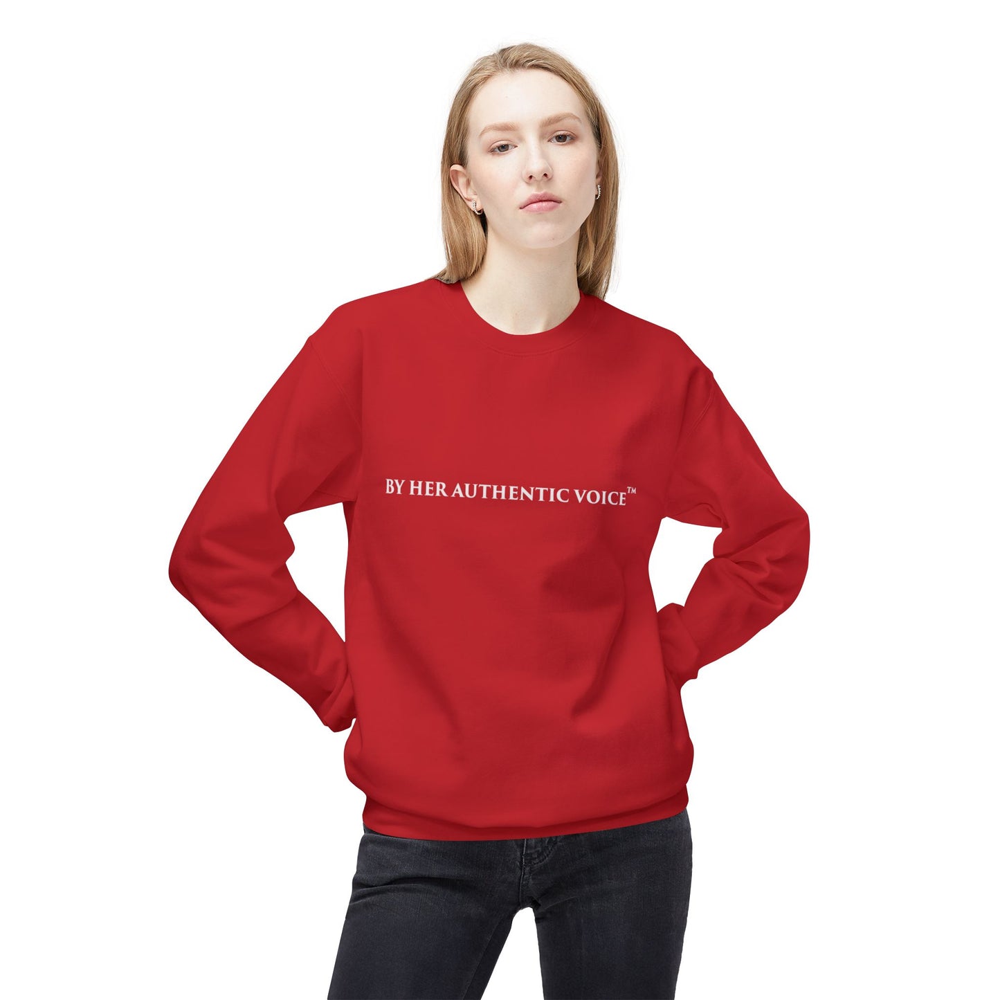 Signature Crewneck Sweatshirt — "By Her Authentic Voice" Minimal Logo