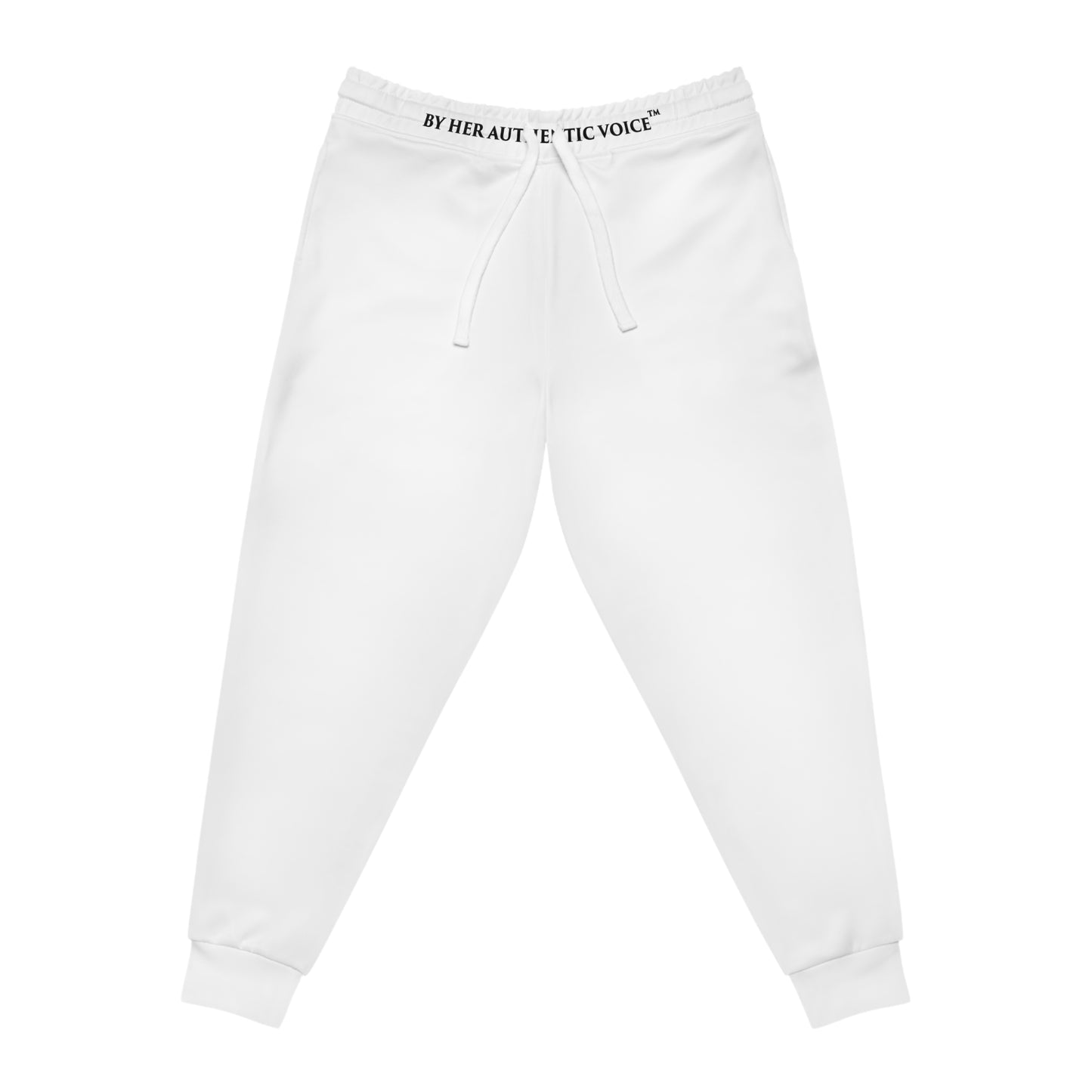 By Her Authentic Voice™ White Athletic Joggers — Minimal AOP Sweatpants with Waist Text