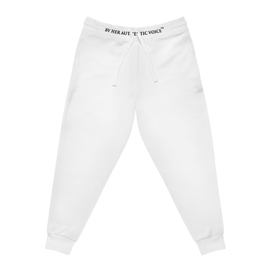 By Her Authentic Voice™ White Athletic Joggers — Minimal AOP Sweatpants with Waist Text
