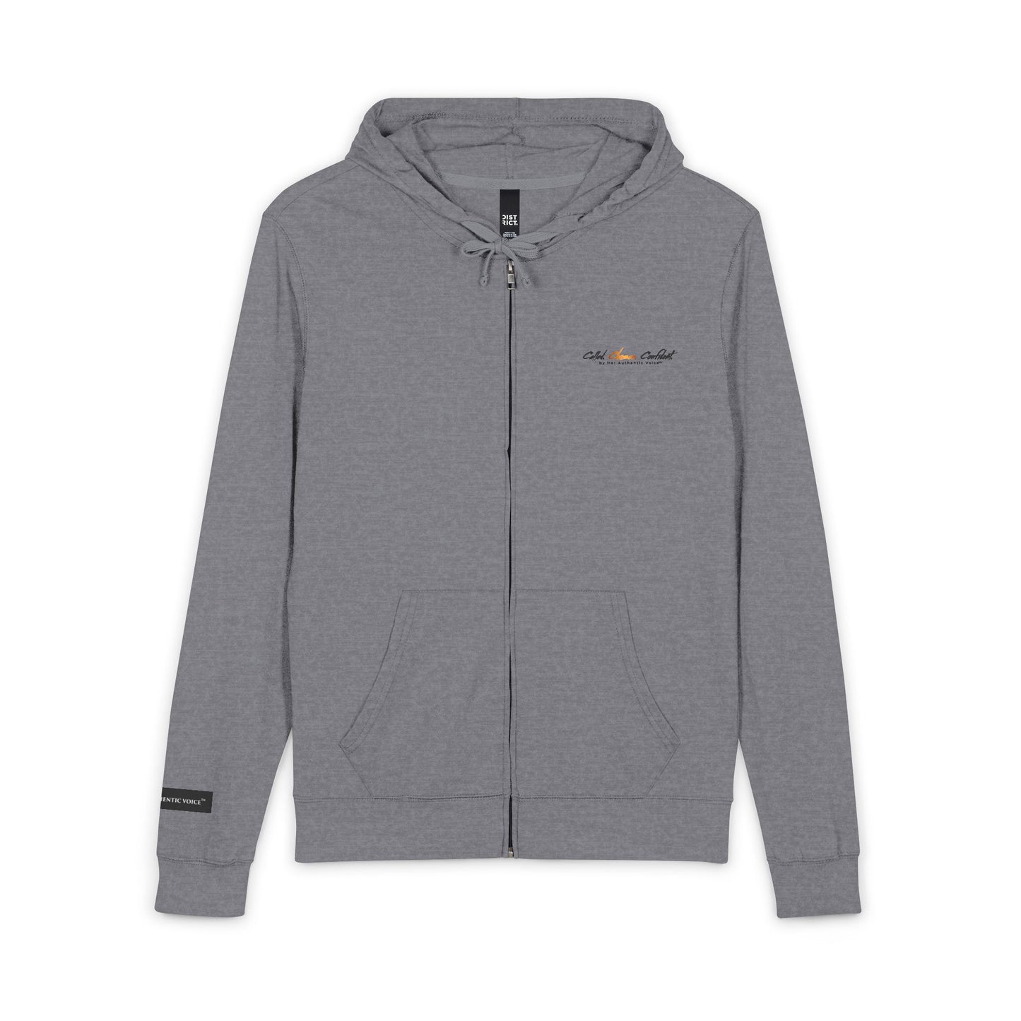 "Called. Chosen. Confident." Minimal Sunset Logo Zip Hoodie — Small Chest & Sleeve Accent