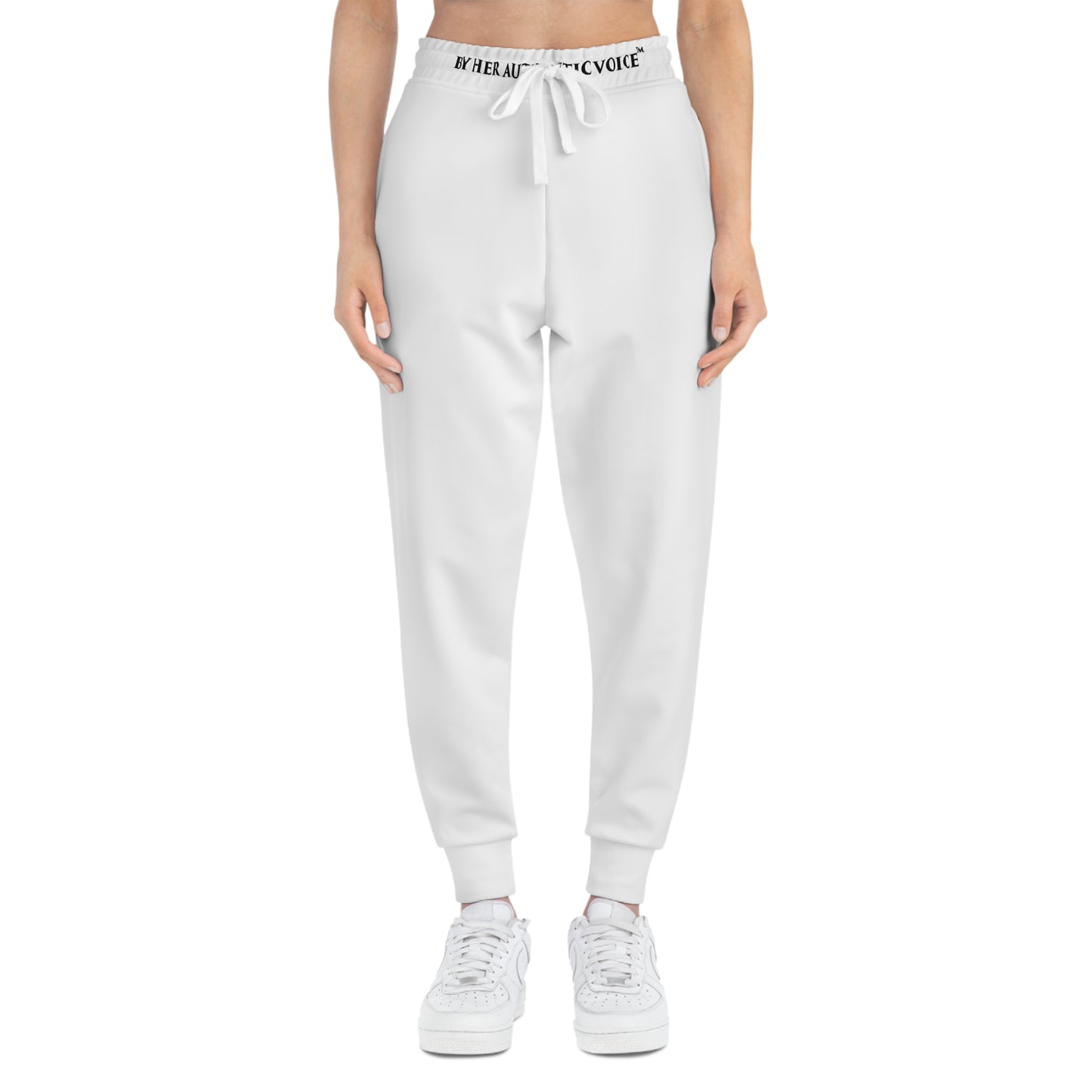 By Her Authentic Voice™ White Athletic Joggers — Minimal AOP Sweatpants with Waist Text
