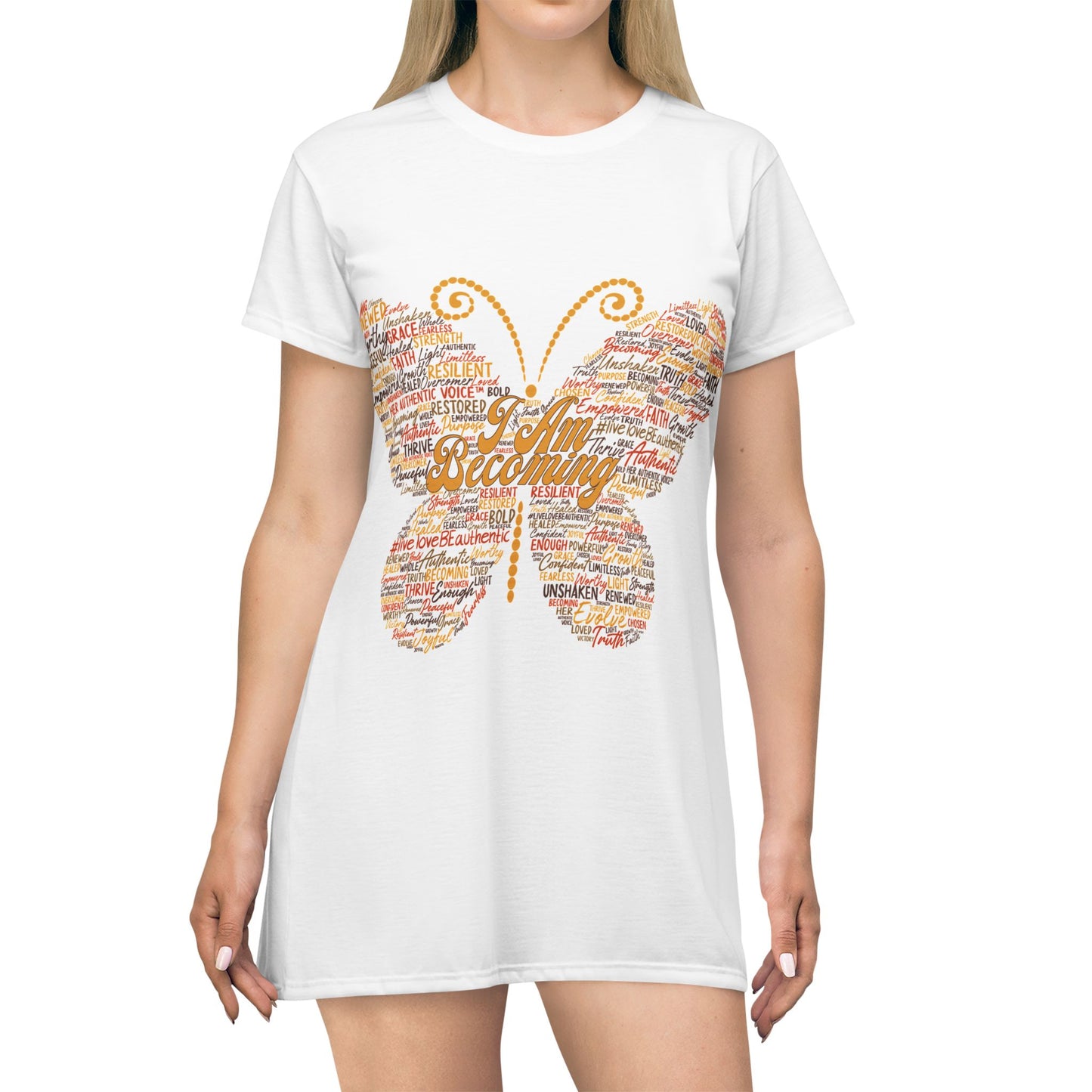 "I am Becoming" Butterfly T-Shirt Dress — "Authentic Voice" Inspirational Graphic