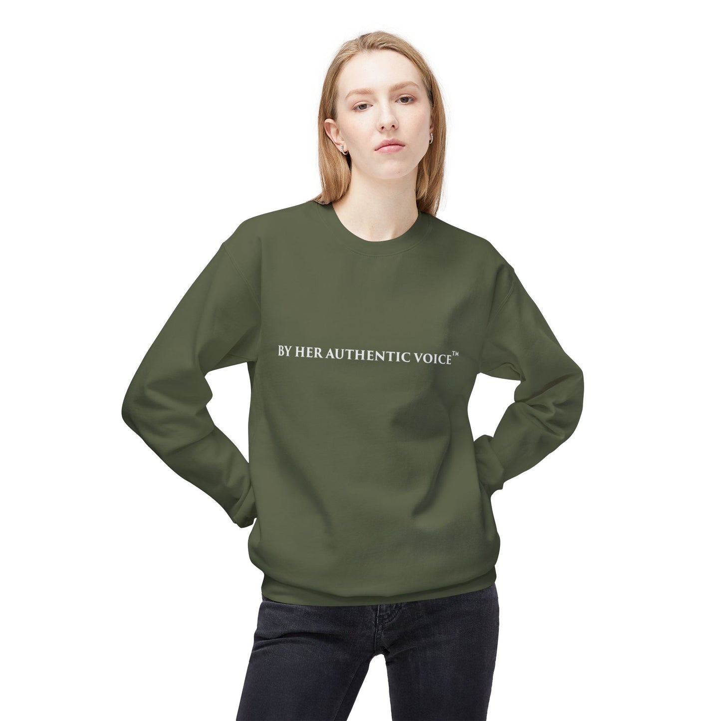 Signature Crewneck Sweatshirt — "By Her Authentic Voice" Minimal Logo