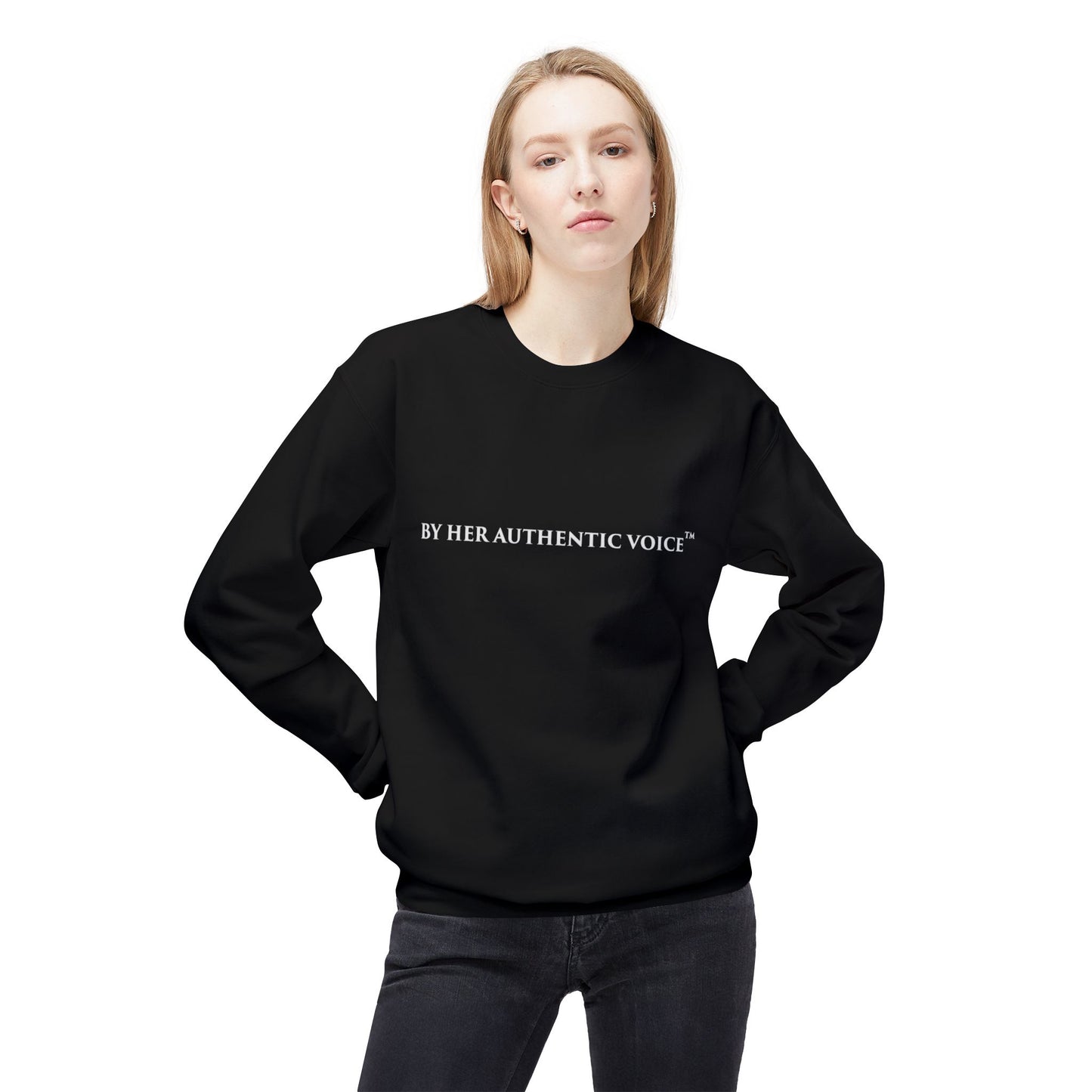 Signature Crewneck Sweatshirt — "By Her Authentic Voice" Minimal Logo