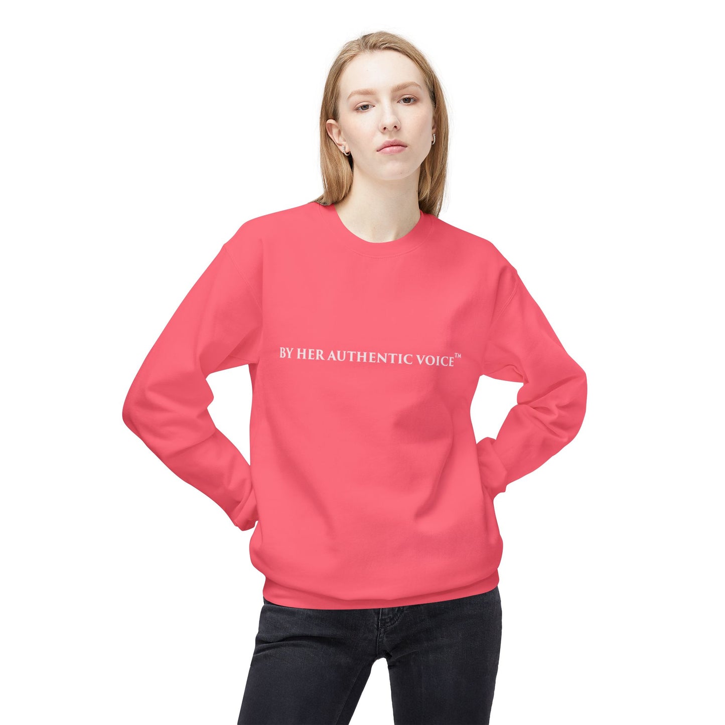 Signature Crewneck Sweatshirt — "By Her Authentic Voice" Minimal Logo