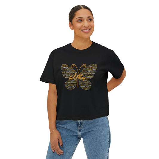 "I am Becoming" Signature Butterfly Word Art Boxy Tee — On the back: By Her Authentic Voice™ Women’s Shirt