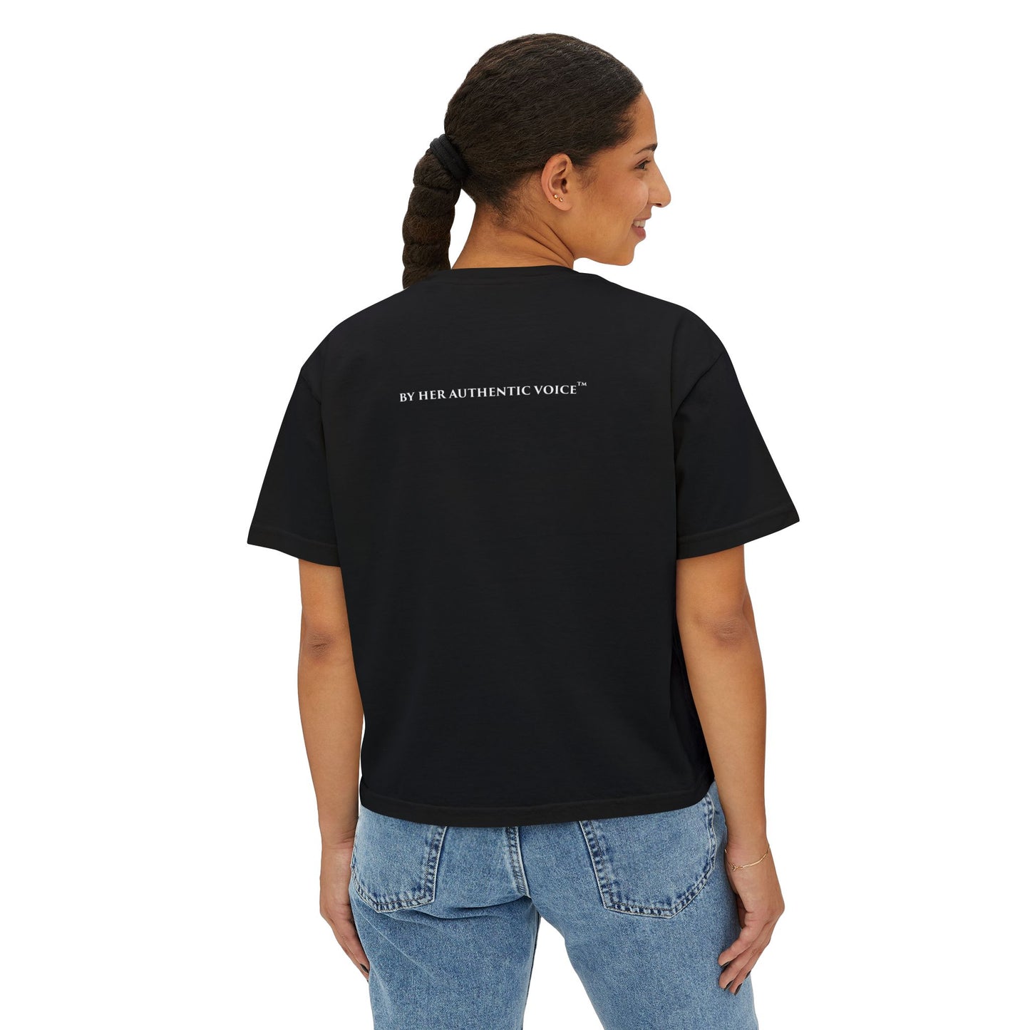 "I am Becoming" Signature Butterfly Word Art Boxy Tee — On the back: By Her Authentic Voice™ Women’s Shirt