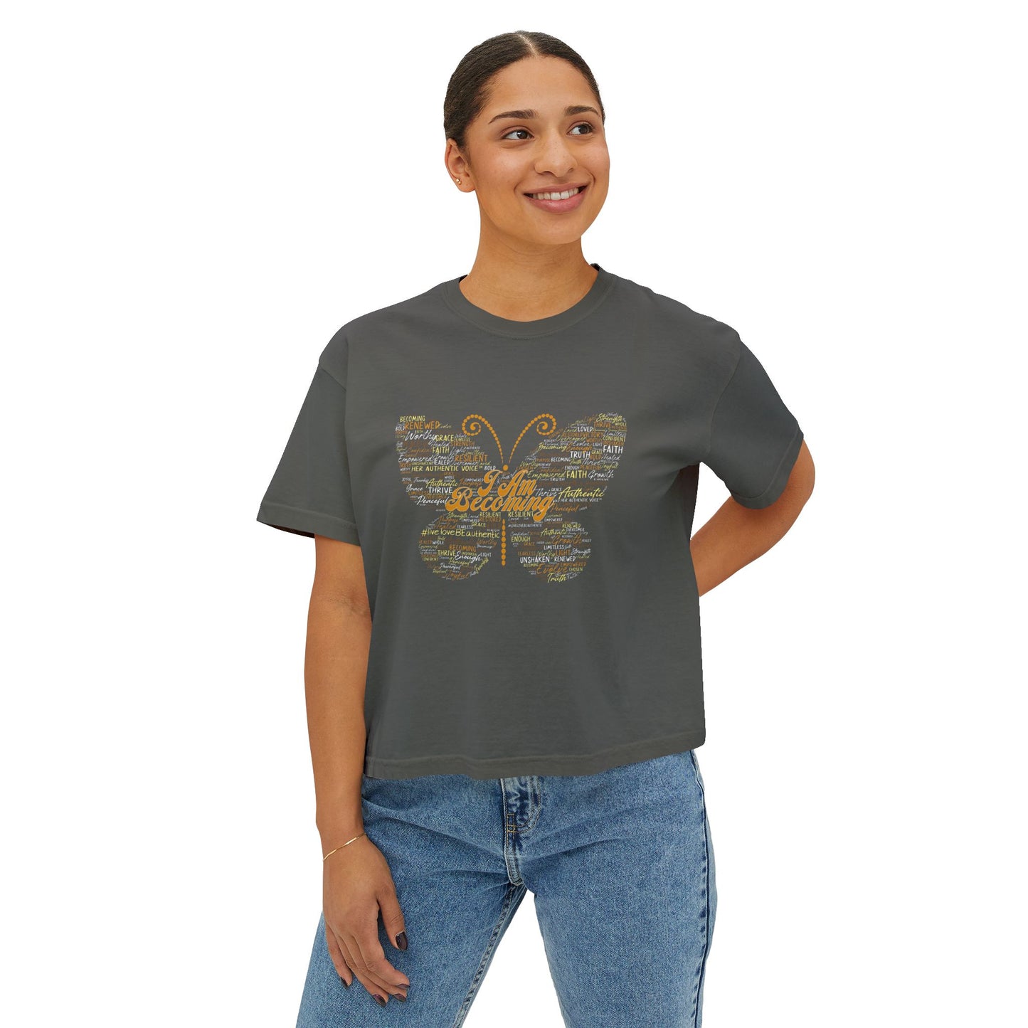 "I am Becoming" Signature Butterfly Word Art Boxy Tee — On the back: By Her Authentic Voice™ Women’s Shirt