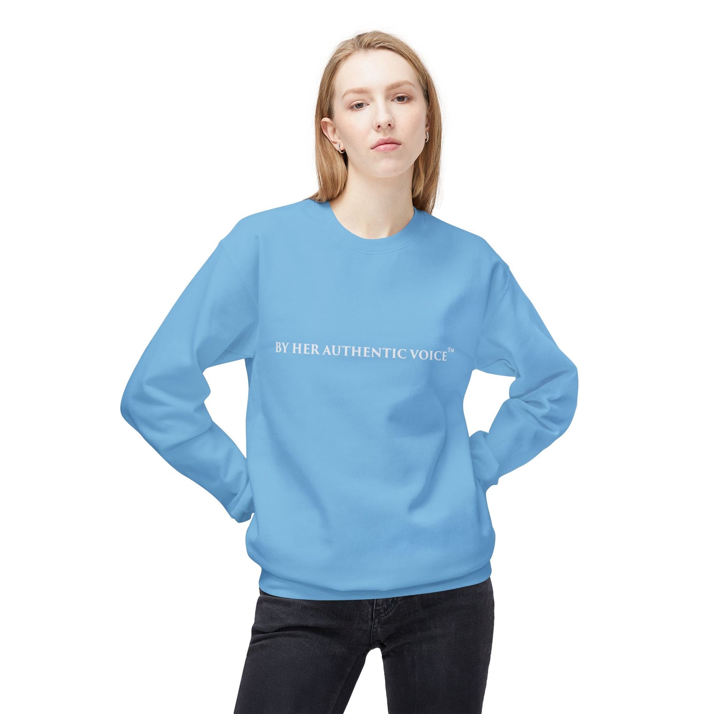 Signature Crewneck Sweatshirt — "By Her Authentic Voice" Minimal Logo
