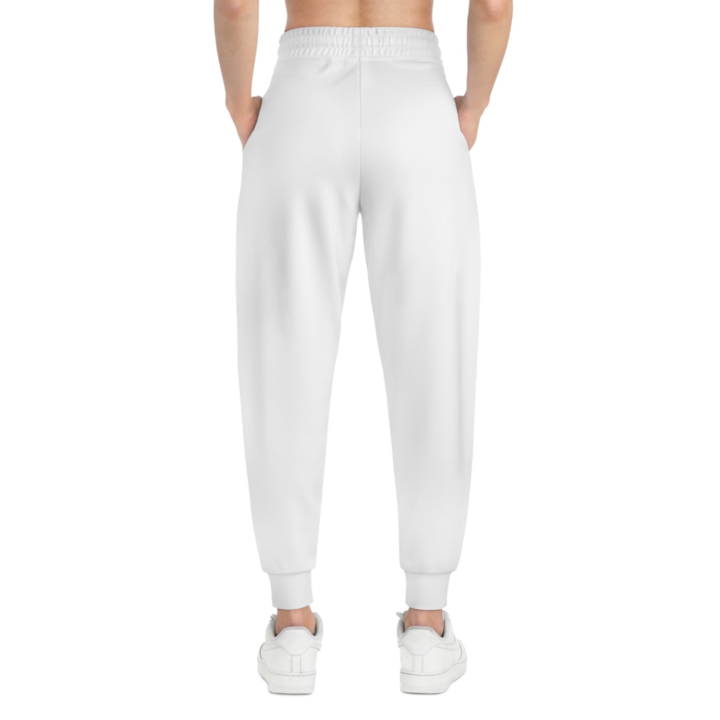 By Her Authentic Voice™ White Athletic Joggers — Minimal AOP Sweatpants with Waist Text