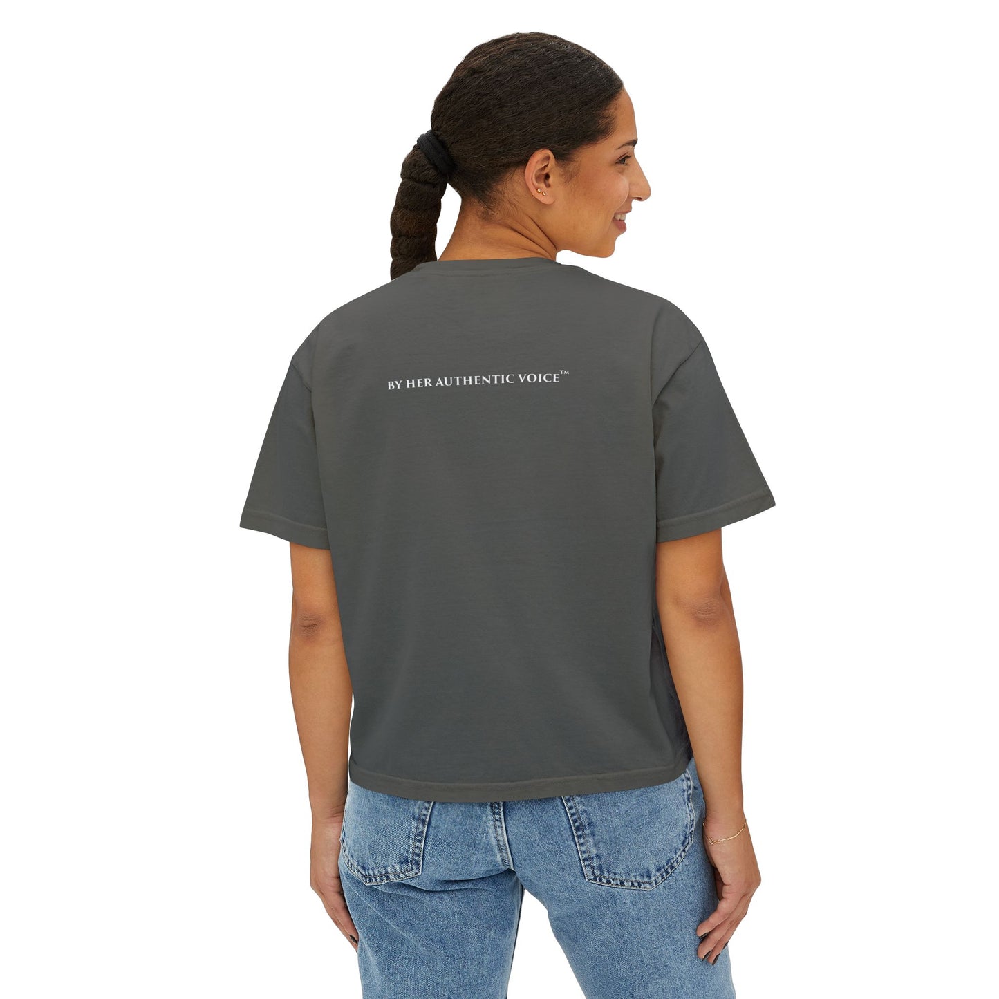 "I am Becoming" Signature Butterfly Word Art Boxy Tee — On the back: By Her Authentic Voice™ Women’s Shirt