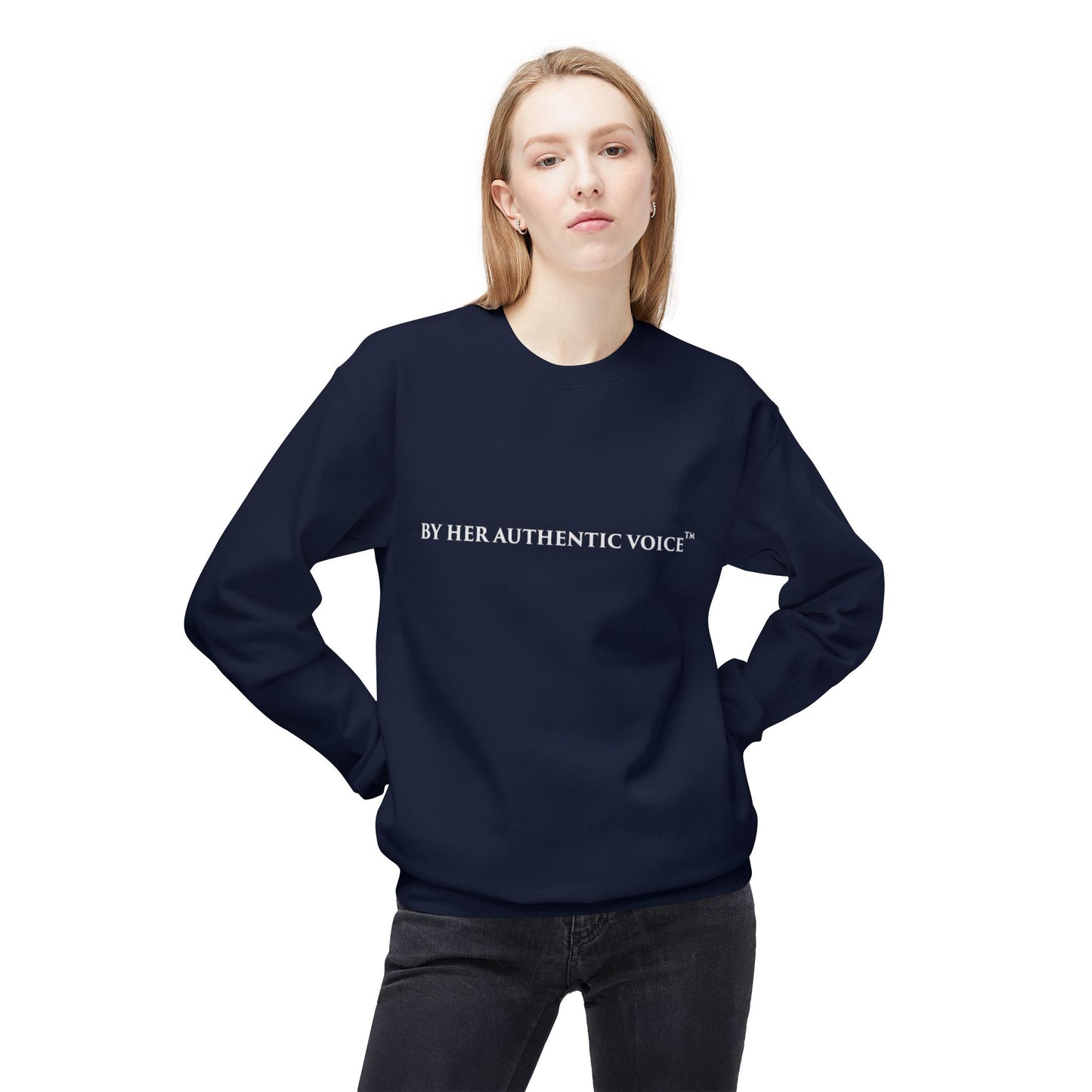 Signature Crewneck Sweatshirt — "By Her Authentic Voice" Minimal Logo