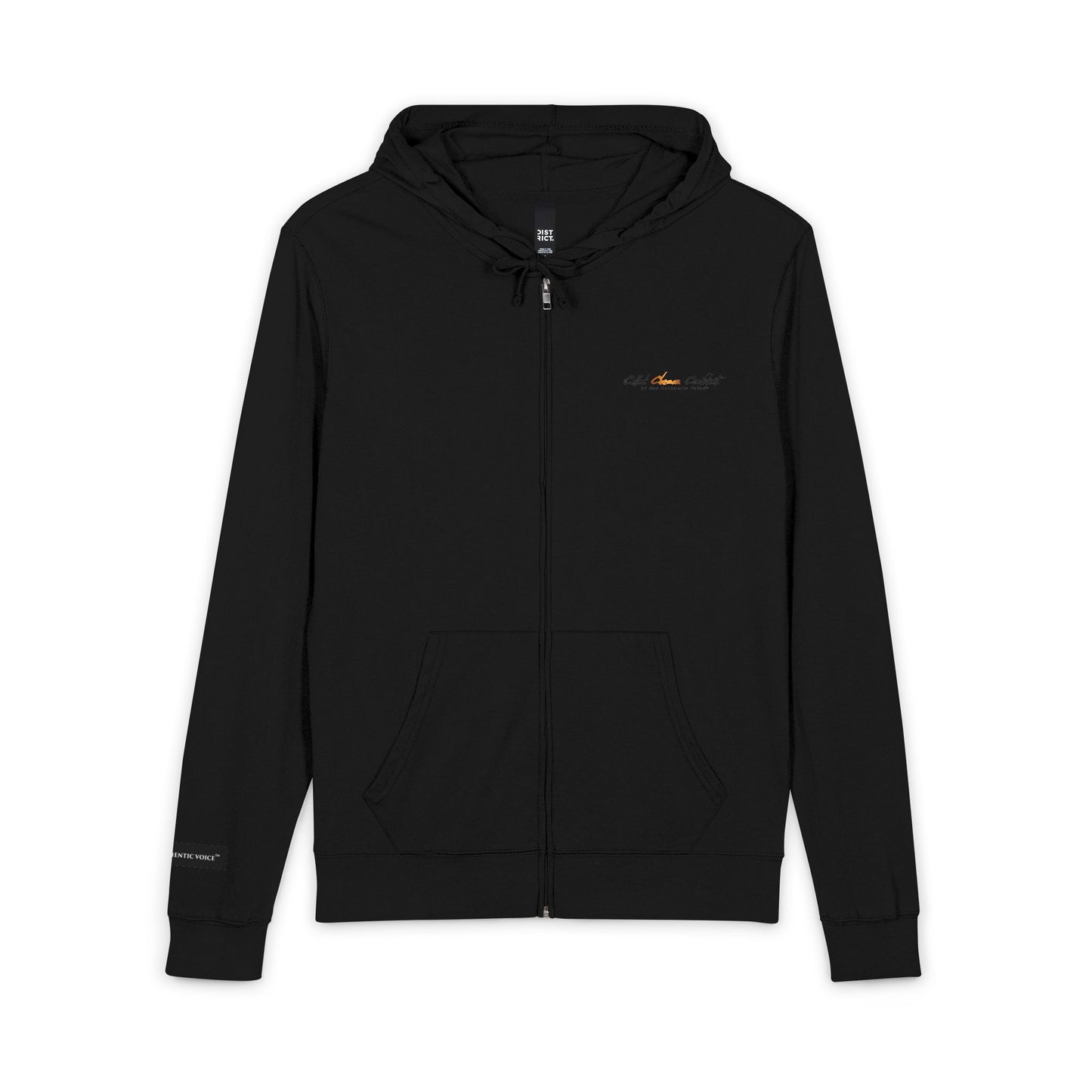 "Called. Chosen. Confident." Minimal Sunset Logo Zip Hoodie — Small Chest & Sleeve Accent