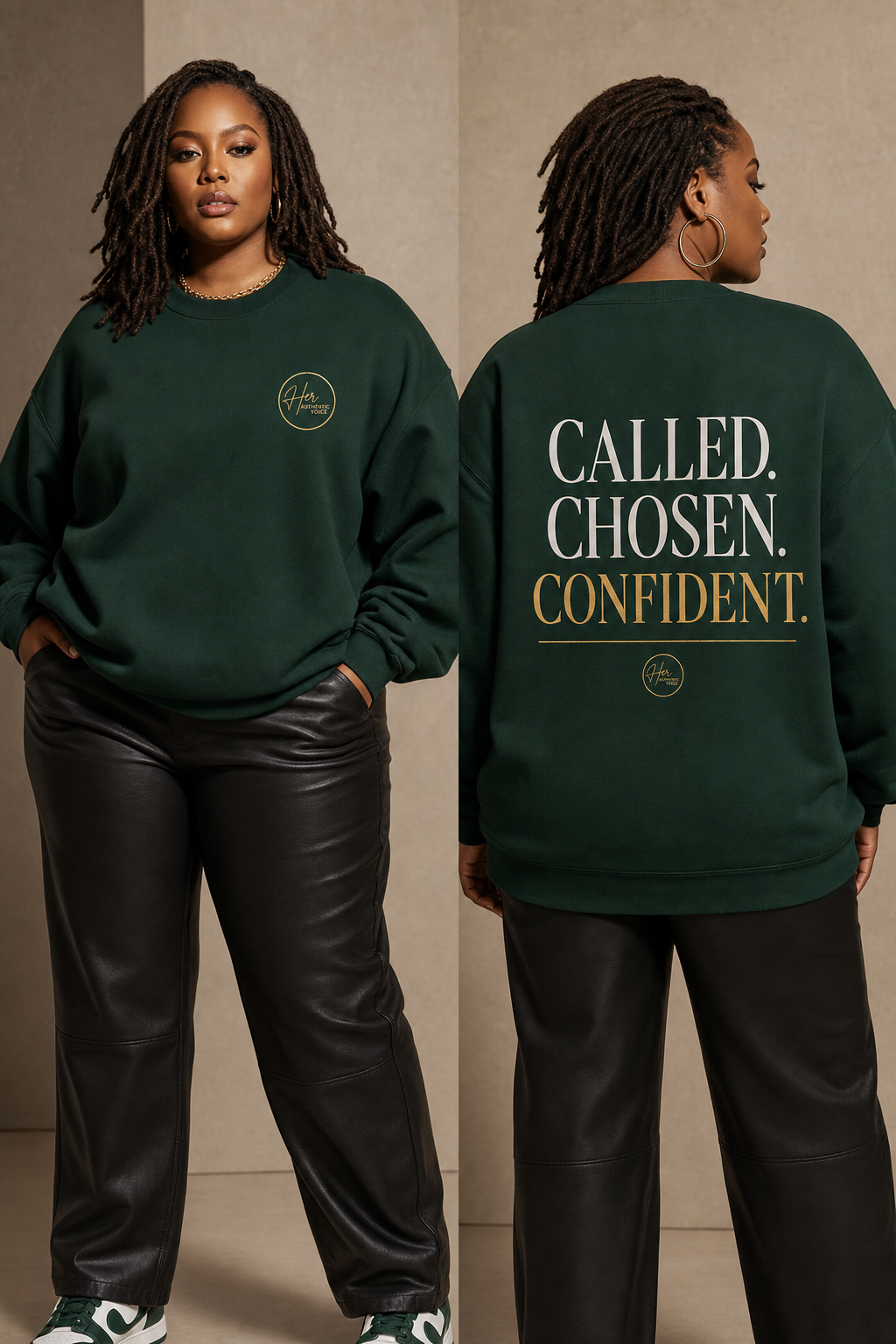 Called. Chosen. Confident. sweatshirt in green, front and back