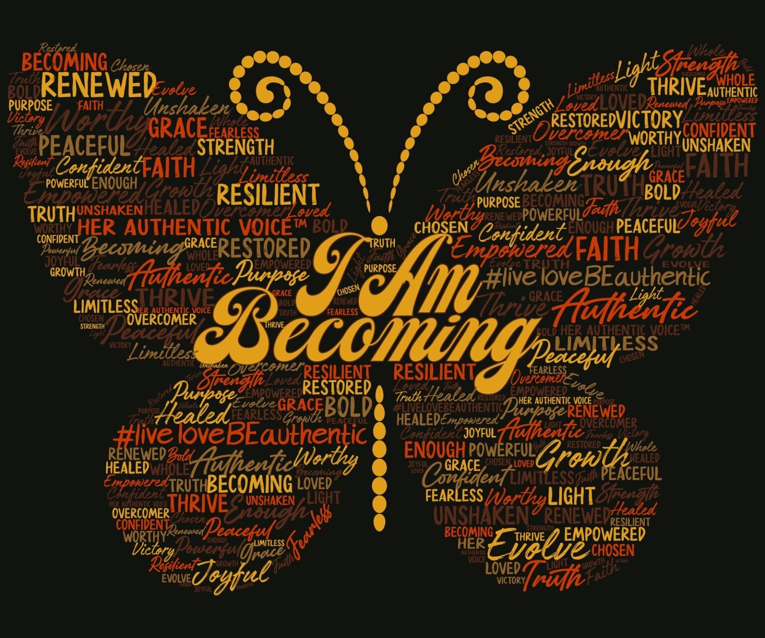 I Am Becoming signature word-filled butterfly design by Her Authentic Voice